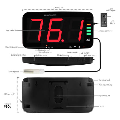 Decibel Meter Recorder 13 Inches Sound Level Meter, Wall Mount Noise Meter for Classroom Sound Meter with 16.4ft Sensor, Buzzer Alarm and Unlimited Data Logging, Noise Meter Decibel for Studio, Home