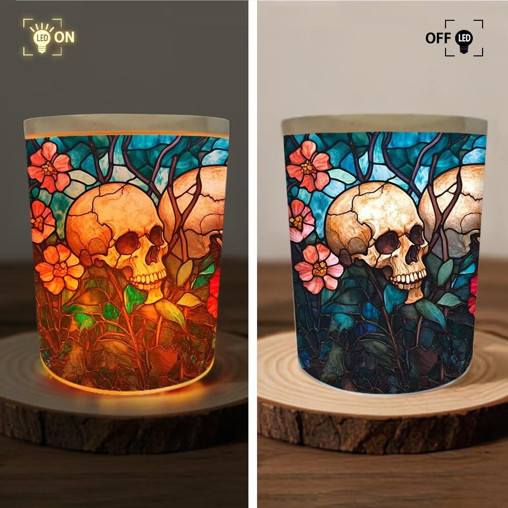 Skull Tealight Candle Holders for Table Centerpiece,Glass Jars Stainless Glass Skull Tea Lights Candle Holder LED Tea Light for Halloween,Home & Party Decor