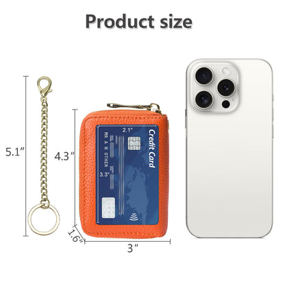 imeetu RFID Credit Card Wallet, Genuine Leather Zipper Card Case Holder with Removable Keychain(Max - Orange)