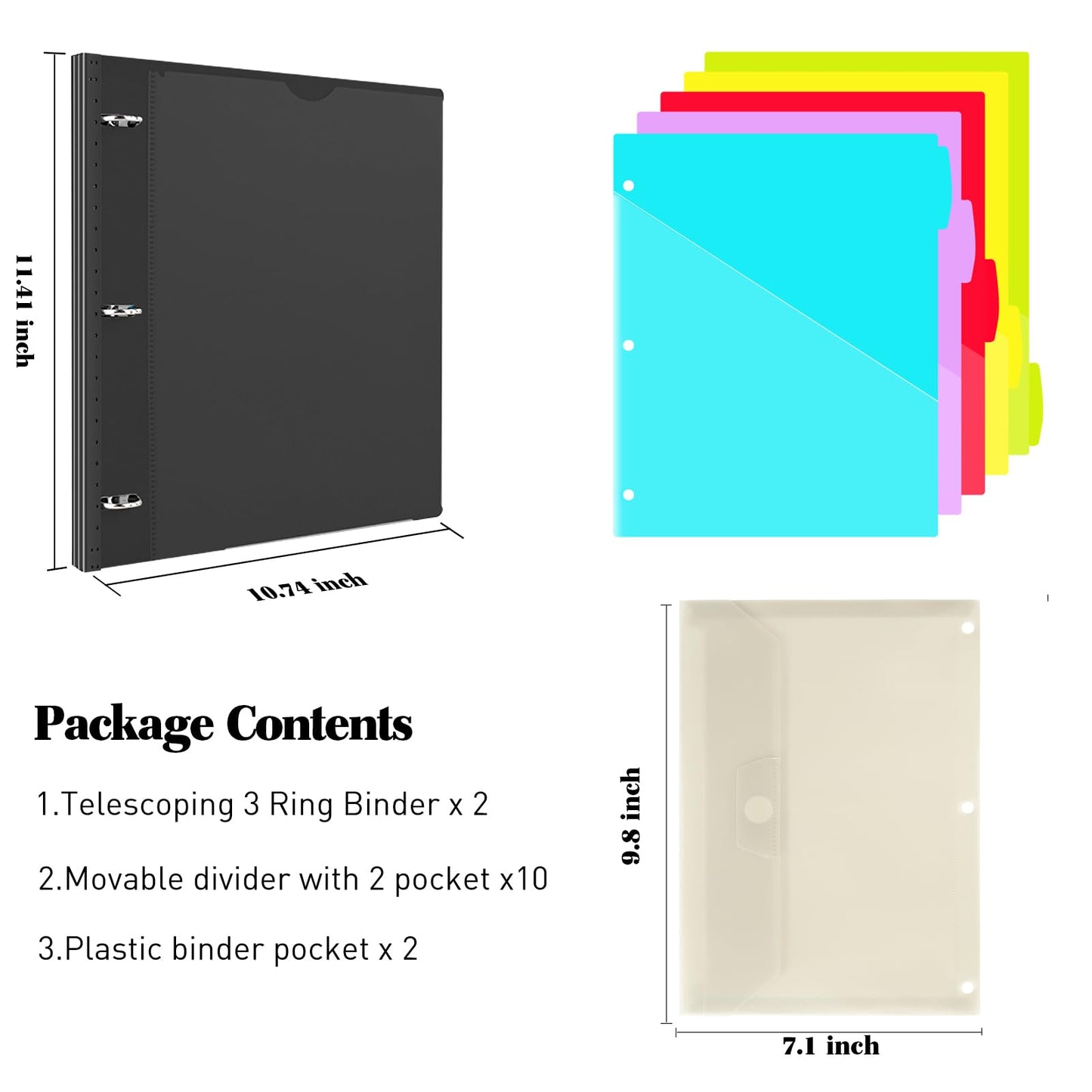 INFUN 1 Inch Telescoping Project Organizer Binder-2PCS,13 Pocket, Customizable Front Cover, 5 Colors Pocket Divider and Plastic Binder Pocket，225 Sheet Capacity-Black
