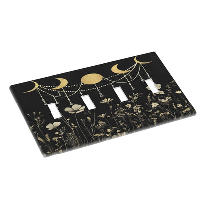 Wildflower Moon Phase Black Gold Dark Floral Rustic Light Switch Covers Quad Toggle Electrical Faceplate 4 Gang Wall Plate Decorative Switch Plates Cover for Bedroom Living Room Decor