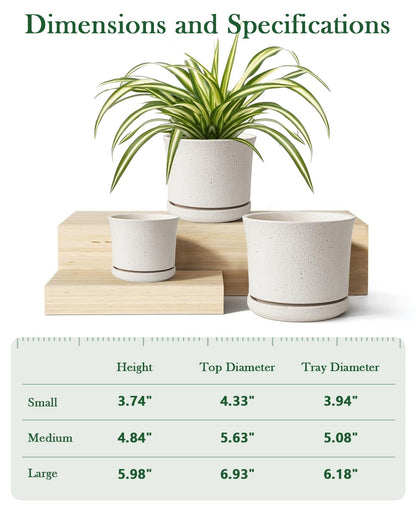 Avyra Velen Ceramic Plant Pots Set of 3 with Saucers, 4.3/5.5/7 Inch Planters for Indoor Plants, Drainage Hole Flower Pots for Succulents, Herbs, Aloe, Modern Home Decor, White