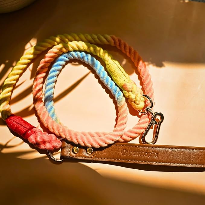 Pawtopia 5FT Dog Leash & Collar Set - Medium Dogs, Cotton Braided Rope with Vegan Leather Handle (Brown) with Two Complimentary Rolls of Dog Poop Bags (30 Bags), Durable Clasp (Vivid Rainbow, Medium)