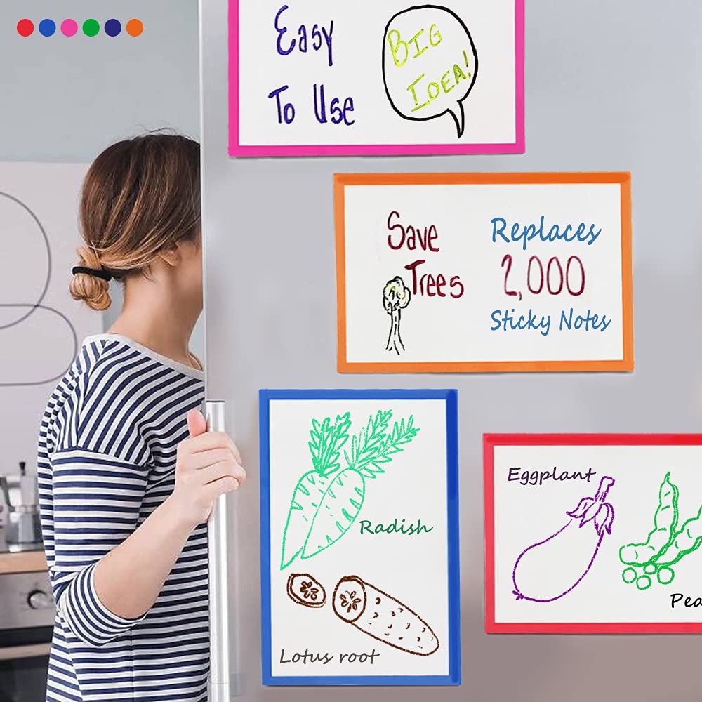 6Pcs Magnetic Dry Erase Labels Extra-Large, 8.2x5.5'' Thick Reusable Fridge White Board Magnets, Colored Dry Wipe Daily Planner Chore Chart Whiteboard Message Cards