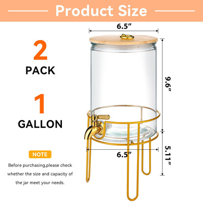 1 Gallon Drink Dispenser,2 Pack Glass Beverage Dispenser With Stand,Juice Containers with Lid for Party,Drink Dispensers for Parties With Spigot for Lemonade/Soda/Tea