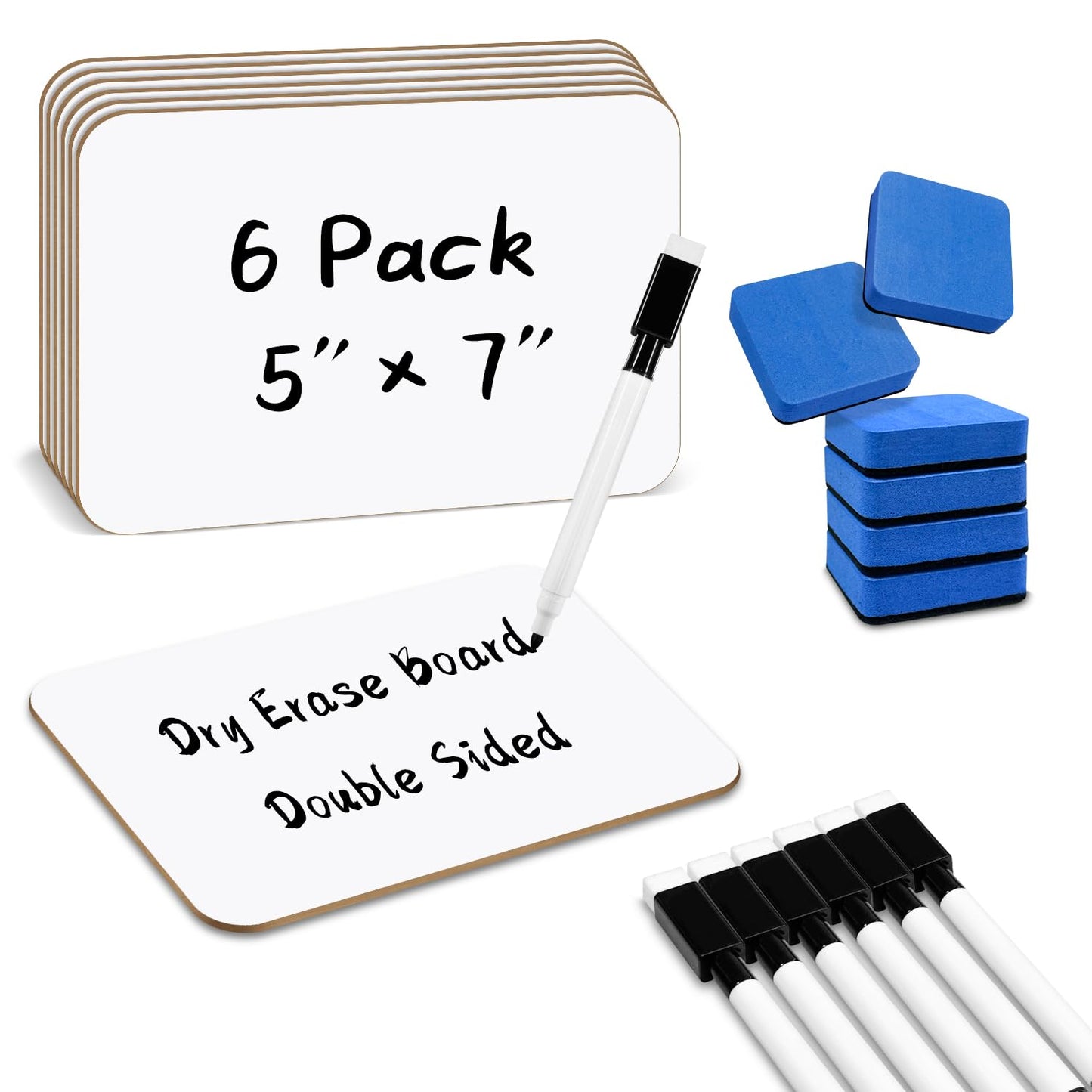 6-Pack Dry Erase Boards 5" x 7" Double-Sided Mini Whiteboard Set – Includes Markers & Erasers – Perfect for Students, Teachers, and Classroom Use