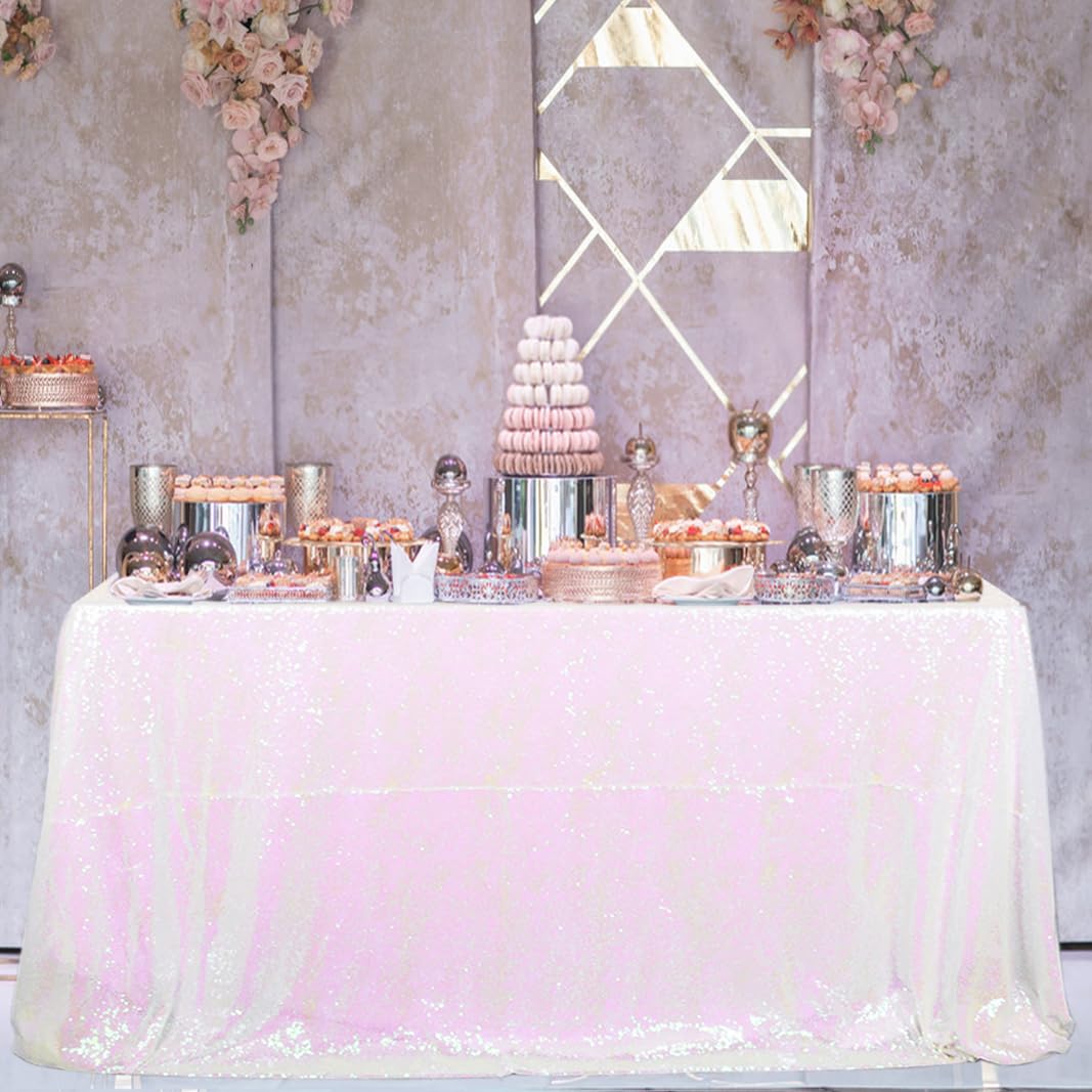 Partisout Iridescent White Sequin Tablecloth 50x80 Sequin Tablecloth Rectangle Glitter Sequin Tablecloth for Wedding Halloween Christmas Bridal Shower Party Decor