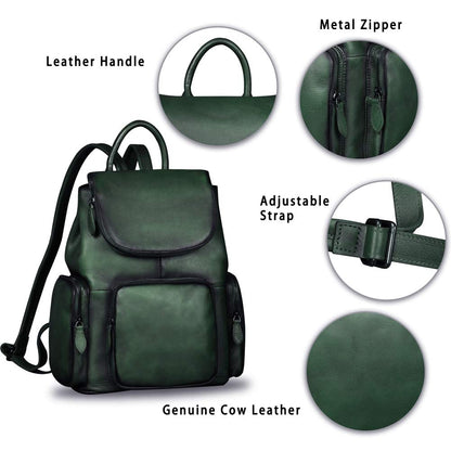 IVTG Genuine Leather Backpack for Women Shoulder Bag Vintage Designer Back Bag Fashion Rucksack Casual Daypack (Green)