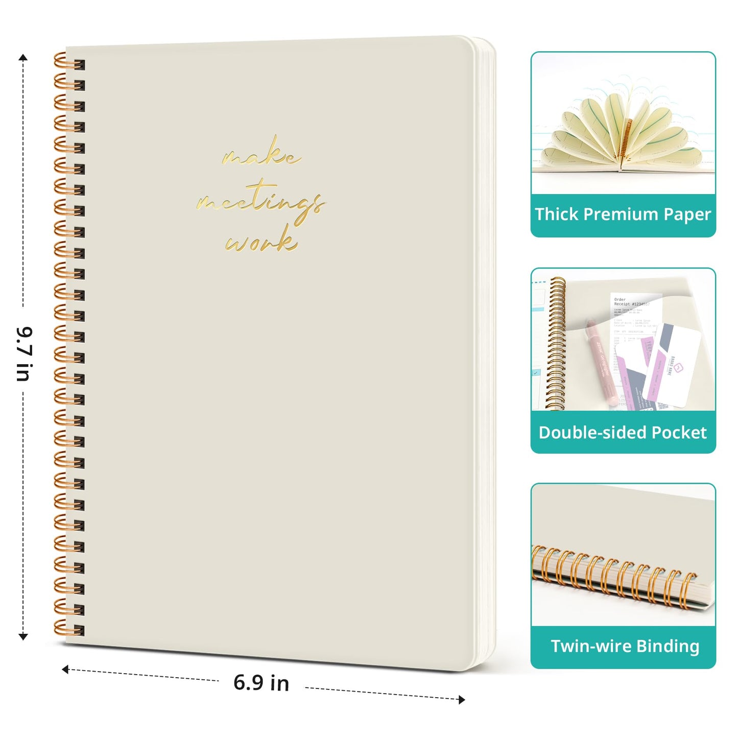 Meeting Notebook for Work Organization - Work notebook with action items, Meeting Minutes Planner Notebook, Perfect Office Supplies for Men & Women - Beige