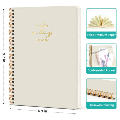 Meeting Notebook for Work Organization - Work notebook with action items, Meeting Minutes Planner Notebook, Perfect Office Supplies for Men & Women - Beige