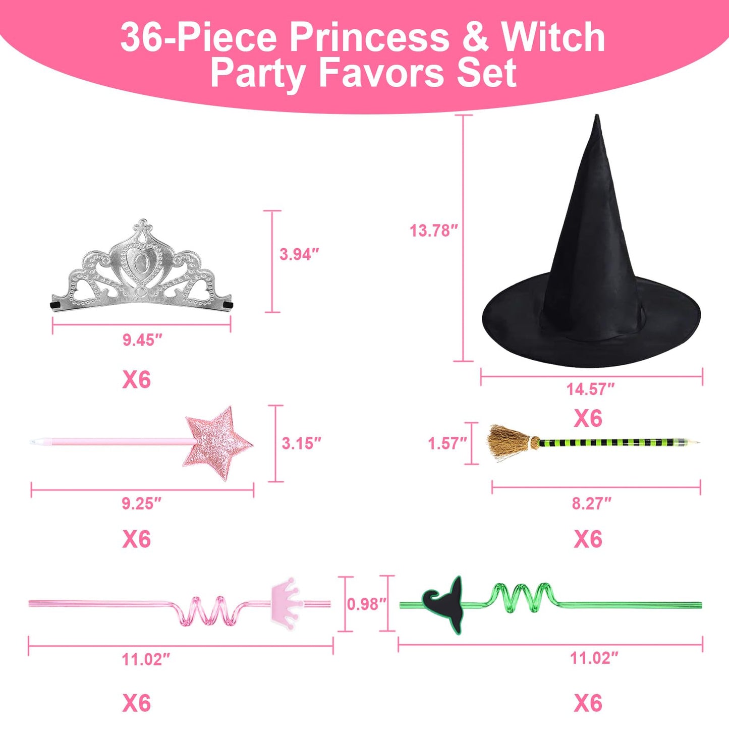 36PCS Witch Party Decorations Pink and Green Party Decorations Princess and Witch Party Favors Include Witch Hats Crowns Star Pens Broom Pencils Drinking Straws Wizard Hats for Witch Birthday Decor