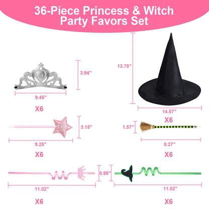 36PCS Witch Party Decorations Pink and Green Party Decorations Princess and Witch Party Favors Include Witch Hats Crowns Star Pens Broom Pencils Drinking Straws Wizard Hats for Witch Birthday Decor
