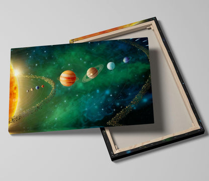 16x24 inches Framed Solar System Space Canvas Wall Art Green Galaxy Planets Astronomical Decor Kids Bedroom Cosmic Wall Pictures Teen Boy Room Universe Poster Child Office Study Room Prints