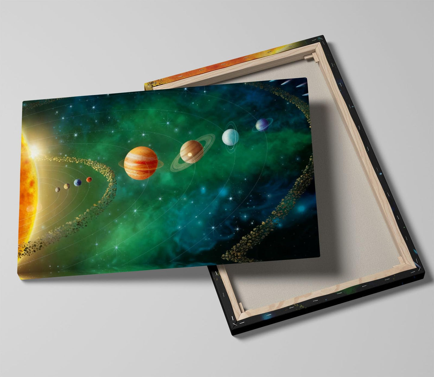 12x16 Framed Solar System Space Canvas Wall Art Green Galaxy Planets Astronomical Decor Kids Bedroom Cosmic Wall Pictures Teen Boy Room Universe Galaxy Poster Child Office Study Room Art Prints