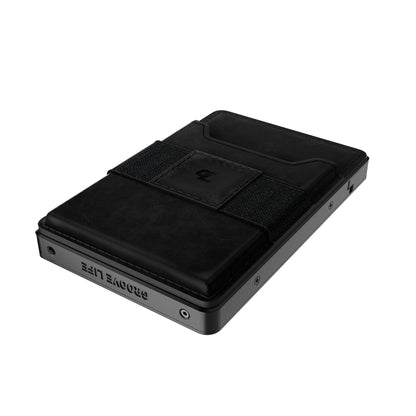 Groove Life Groove Magnetic Thumb Swipe Wallet Gun Metal/Black Leather Go Mens Minimalist Aluminum Credit Card Holder with RFID Blocking, Genuine Leather Attachment, Lifetime Coverage