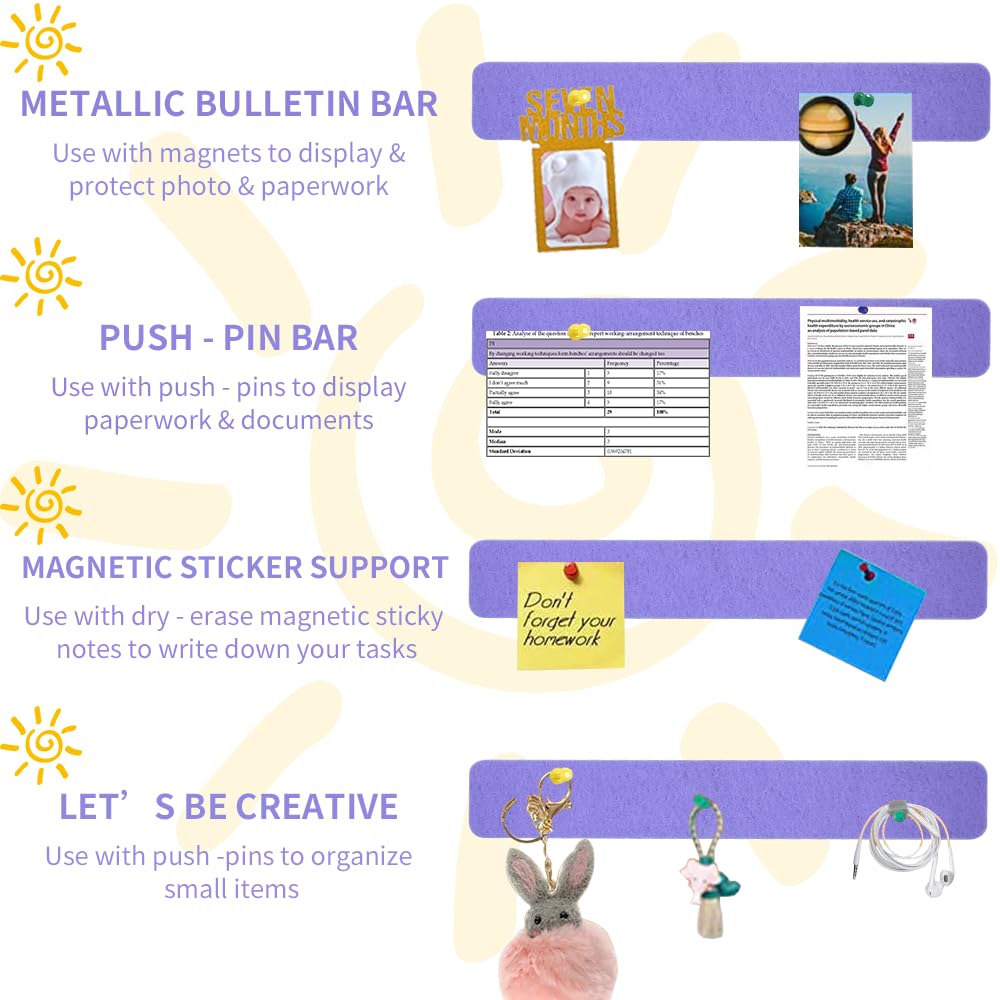 Vuzvuv 8 pcs Bulletin Board Bar Strips with 50 Pushpins & 10 Wooden Clip pins，Self Adhesive Cork Board for Wall，Felt Pin Board for School，Office Decor(Medium Purple)