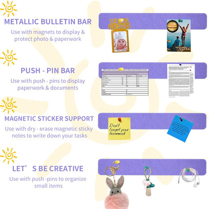 Vuzvuv 8 pcs Bulletin Board Bar Strips with 50 Pushpins & 10 Wooden Clip pins，Self Adhesive Cork Board for Wall，Felt Pin Board for School，Office Decor(Medium Purple)