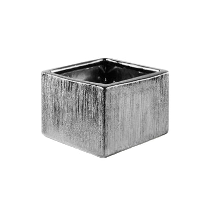 WGVI Silver Scratched Square Ceramic Vase, Width 6", Height 4", Elegant Morden Short Square Pan Floral Planter Terrarium Pot Container Tabletop for Event Accent Home Decor 1 Piece