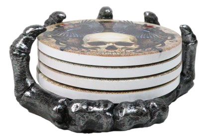 Ebros Gothic Alchemy Clutch of The Dead Skeleton Hand Resin Coaster Figurine Holder with 4 Skull Raven Tile Coasters Set Furniture Protector Ossuary Macabre Halloween Spooky Home Decor Accent