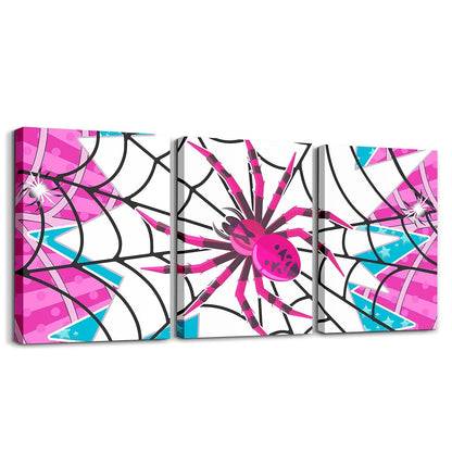 Pink Spider Canvas Wall Artwork Decor,Black Spider Web Halloween Gothic Trippy Girls Boys Bedroom Wall Painting,Stars Stripe Geometric Poster Pictures,Unique 3 Pieces Framed Canvas Wall Art