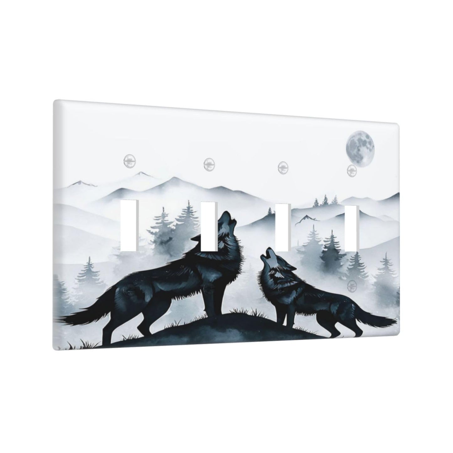Spshian Light Switch Cover Black White Ink Forest Wolf Moon Mountain 4 Gang Switch Plate Covers Quad Toggle Wall Plates Decorative Switchplate Electrical Faceplate for Bathroom Bedroom Decor