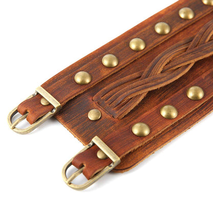 STWTR Men's Wide Cuff Wristband Punk Rock Motorbike Wide Belt Leather Bracelet (Brown-C)