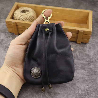 Wugebud 1 Pcs Leather Mini Medieval Pouch Keychain, Coin Organizer, Change Holder, Leather Drawstring Pouch for Men & Women