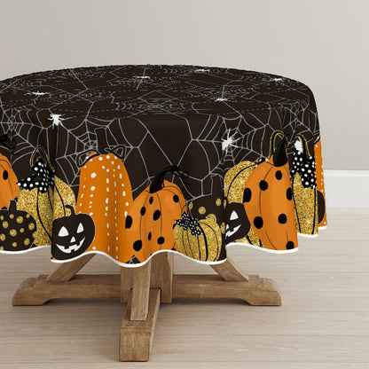 Horaldaily Halloween Tablecloth 70x70 Inch Round, Jack-O-Lantern Pumpkin Cobweb Scary Themed Black Washable Table Cover for Party Picnic Dinner Decor