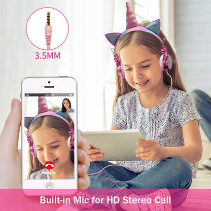 TCJJ Unicorn Kids Headphones for Girls Children Teens, Wired Headphones for Kids with Adjustable Headband, 3.5mm Jack and Over On Ear Headset w/Mic for School Birthday Xmas Unicorn Gift