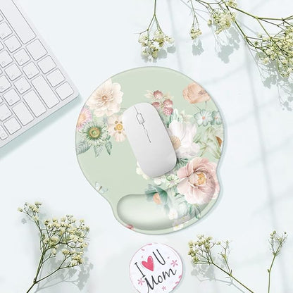 WAVEYU Ergonomic Mouse Pad with Wrist Support, Office Mousepad with Wrist Rest, Computer Gaming Mouse Pad for Laptop, Pain Relief Mouse Mat with Non-Slip Rubber Base, 9''x 10'', Green Flower 02