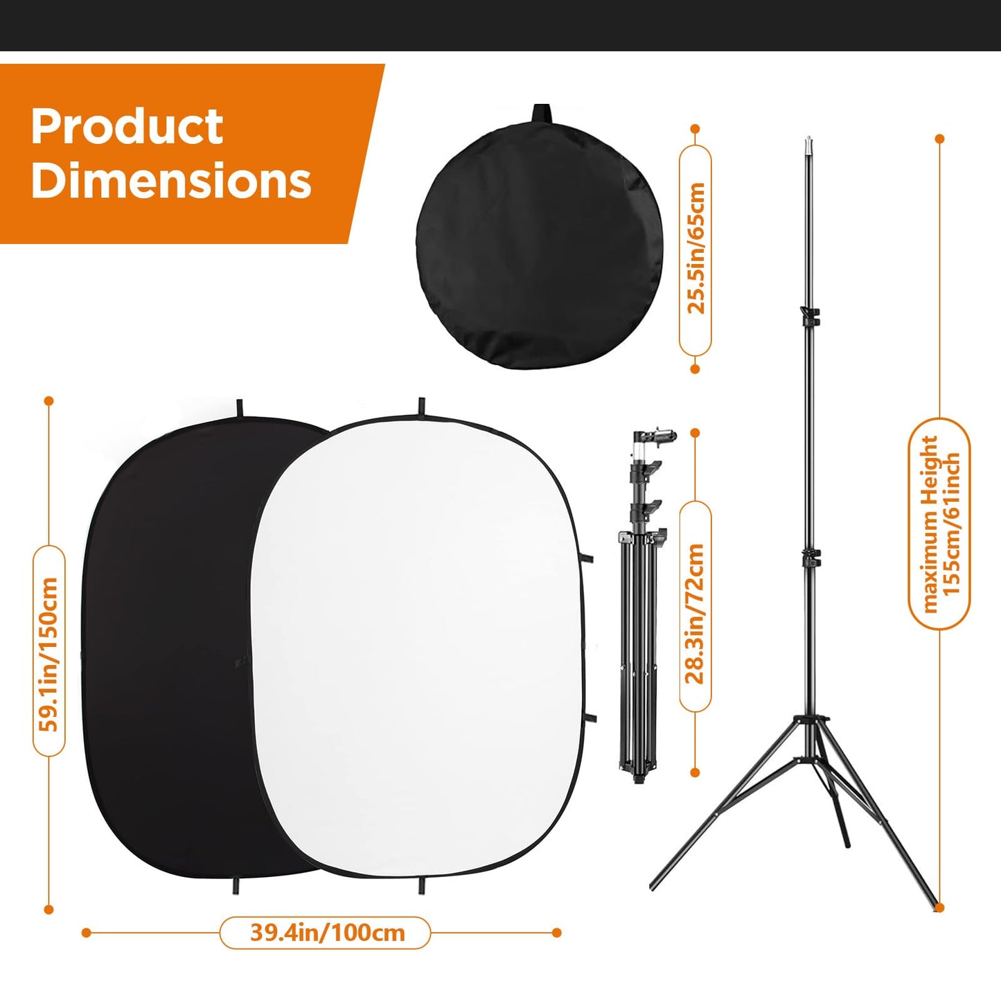 Portable Chromakey Black/White Backdrop with Stand,59 * 39 inch Pop Up Collapsible Backdrop,Foldable Black&White Screen 2 in 1 Backscreen for Photo and Video Shooting,Gaming (Black & White)