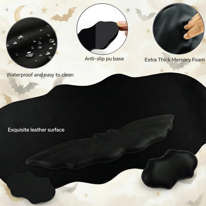Tscuite Bat Mouse Pad, PU Leather Mousepad, 3 in 1 Keyboard Wrist Rest and Mouse Wrist Rest, Ergonomic Bat Wrist Rest Waterproof Leather Surface, Easy Typing Cushion with Memory Foam for Home Office
