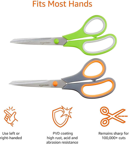 Amazon Basics Stainless Steel Scissors for Office, Crafts, Multipurpose, Sharp, Comfort Grip, PVD Coated, 2 Pack, Green and Grey