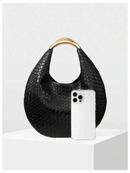 QWINEE Women's Woven Handbag Elegant Clutch Purse Metal Top Handle Cresent Evening Bag Retro PU Leather Clutch Purse Black One Size