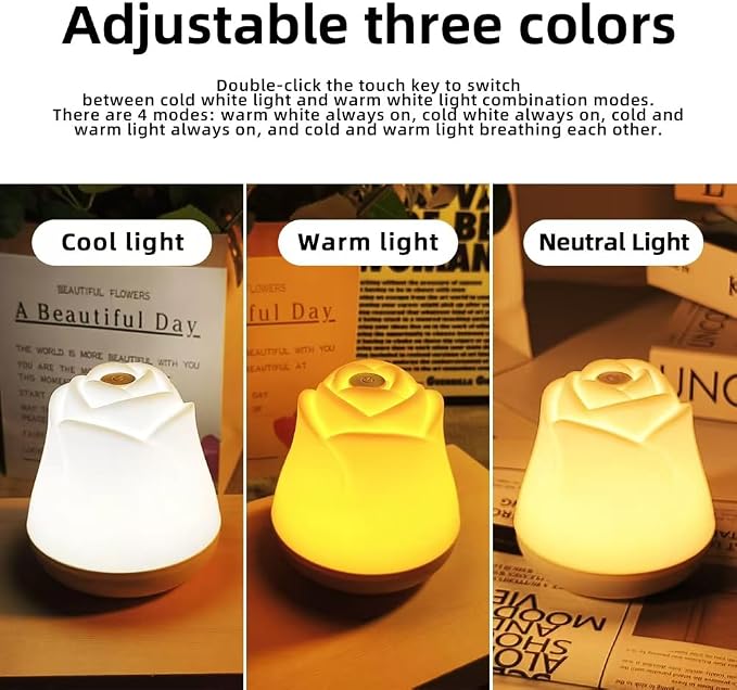 Rose Night Light, 3 Brightness Touch Control Dimmable LED Bedside Lamp, Portable Table Uplights Gift for Men Women Teens Kids Children Sleeping Aid(1 Pack)