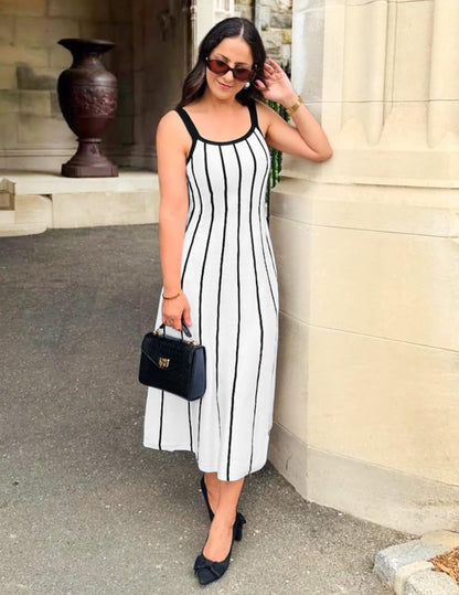 ZESICA Womens 2025 Summer Sleeveless Striped Midi Dresses Casual A Line Swing Knit Long Dress Beach Vacation Clothes,White,Small