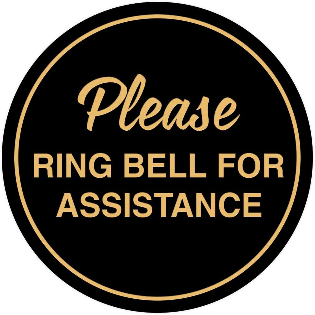 Signs ByLITA Circle Please Ring Bell For Assistance Wall or Door Sign | Easy Installation | Front Desk Reception Sign (Black Gold) - Large (1 Pack)