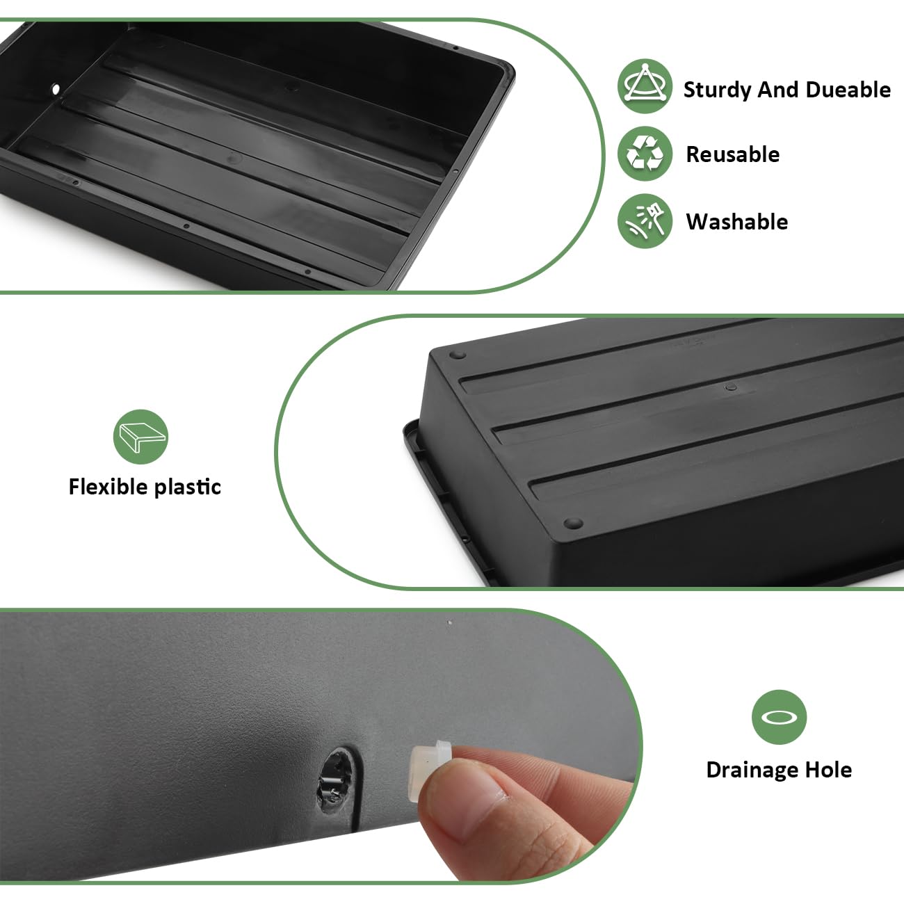 5 Pack Nursery Pots Trays with Removable Mesh Drainage Mat, Plastic Seed Starter Trays (17"x12"x3.5") with Drainage Hole, Propagation Kit for Seedlings, Microgreens, Plant Germination (Black)