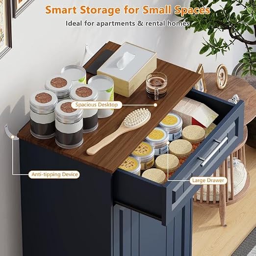 Single 10 Gallon Tilt Out Trash Can Cabinet with Deodorizing Function, Wooden Hidden Garbage Can Holder with Storage Drawers for Kitchen and Dining Room, Laundry Hamper Cabinet for Bathroom, Blue