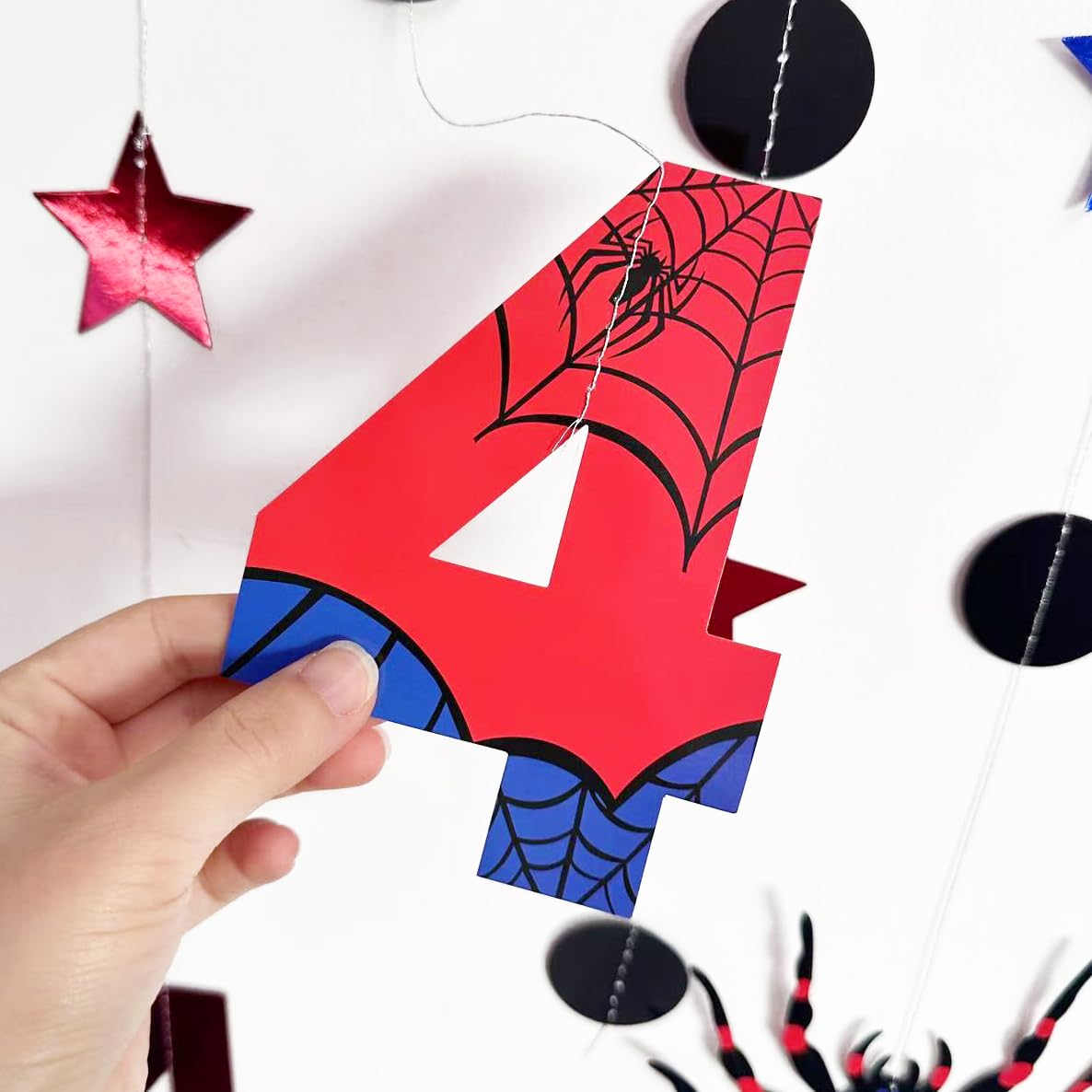 42Ft Spider 4th Birthday Party Decorations Red Blue Stars and Black Spider Web Garland Streamer for Kids Boys 4th Cartoon Spiders Birthday Super Heros Baby Shower Cartoon Bday Party Decor Supplies
