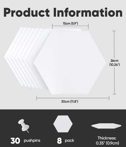 Toptople 12 Inch Large Hexagon Cork Board for Walls, 8 Pack Felt Bulletin Board Tiles, Pin Board with Push Pins for Office Photo and Note, White