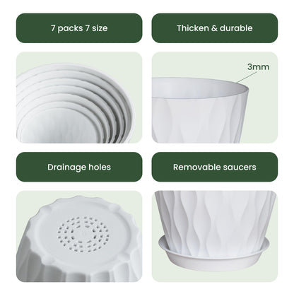LESOASIS Flower Pots, 7/6.5/6/5.5/5/4.5/4 inch Plastic Plant Pots, 7 Pack Planter for Indoor Outdoor Plants, Nursery Planting Pot with Drainage Holes and Trays (White)