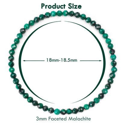 BONNY BOXX Natural Genuine Gemstone Faceted Round Beads Bracelets, 3mm Adjustable Stretchy Tiny Faceted Malachite Bracelet, Healing Crystal Reiki Chakra Dainty Jewelry Fashion Gifts