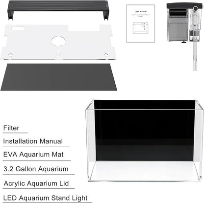 3.2 Gallon Fish Tank, Nano Nature Aquarium Kit,Small Aquarium Starter Kit,Ultra-Clear Rimless Desktop Small Aquarium with Filter and Light for Betta,Shrimp,Goldfish.Black Glass