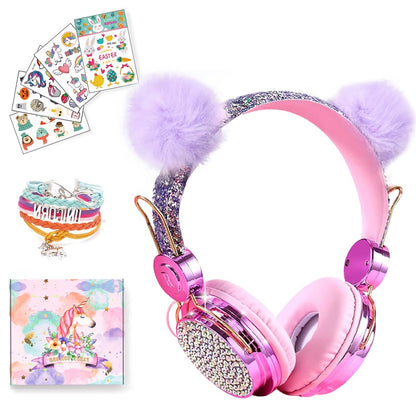 SVYHUOK Cat Ear Wireless Headphones for Kids with Mic, Bluetooth Over Ear Headset for School Cellphone Smartphones Laptop PC LED Light,Wired Headset for School Home (Violet Ball)
