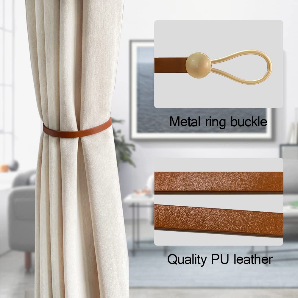 Leather Curtain Tie Backs, 4 Piece Minimalist Leather Drapery Tiebacks, Window Treatment Holdbacks, Housewarming Gift, Modern Home Decor Accessories (Brown)