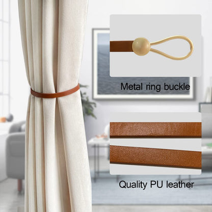 Leather Curtain Tie Backs, 4 Piece Minimalist Leather Drapery Tiebacks, Window Treatment Holdbacks, Housewarming Gift, Modern Home Decor Accessories (Brown)