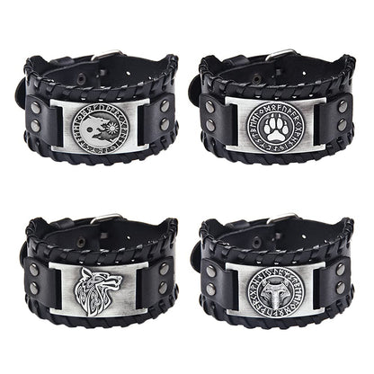 TURTLEDOVE 4 PCS Viking Leather Bracelet - Medieval Leather Cuff Wristband of Wolf Fenrir