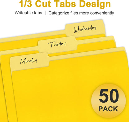 ViVin File Folder, 50 Pack Colored File Folders with 1/3-Cut Tabs, Fits 8.5 * 11 Letter Size Paper, Manilla Folders for Home Office School Documents(Yellow)