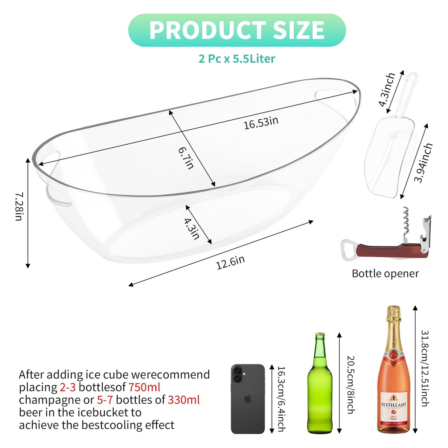 Ice Buckets for Parties, 2 Pack 5.5L Clear Acrylic Champagne Beverage Buckets Tub with Scoops & Wine Bottle Opener, Large Ice Bucket for Mimosa Bar, Wine, Beer, Cocktails & Drinks (3-5 Bottles)